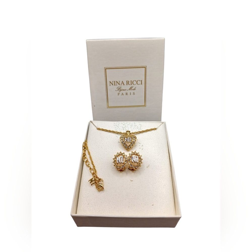 🏷 Nina Ricci Jewelry Set – Gold Heart Necklace 9" & Diamond Clip Earrings & Box